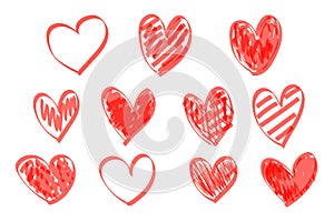 Red highlighter scribble hearts. Hand drawn heart set, abstract red love markers