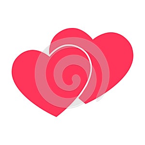 Hearts red icon. Two joined hearts. Flat love symbol. St. Valentine`s Day sign.