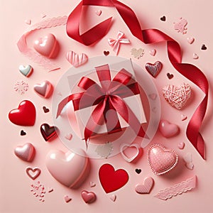 Hearts and Red Ribbon on Pink Background, A Flat Lay Valentines Day Card. Generative ai for illustrations