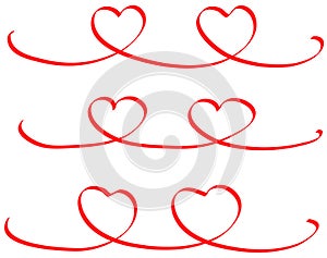 Hearts ribbon set drawn by hand in red color. Valentines day symbol. Love concept. Digital painting in vector EPS 10