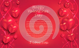 Hearts and ribbons on a red background, greeting card to Valentine`s Day for lovers