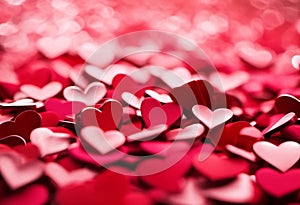 hearts are scattered in a big pile together on pink, background