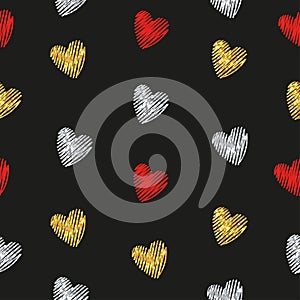 Hearts seamless pattern. Red, silver and golden striped hearts on dark.