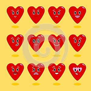 Hearts. Set of bright emoticons. Emotions. Smiles. Funny cartoon characters. Vector.