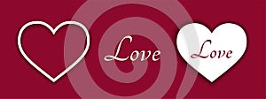 Hearts with shadow and love word on red background. valentines day and love symbols