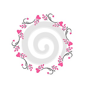 Hearts shape round wreath, valentine's day greetings, romantic lovely cute vector frame template