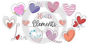 Hearts shaped elements vector set Designed in doodle style