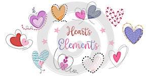 Hearts shaped elements vector set Designed in doodle style