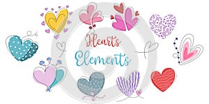 Hearts shaped elements vector set Designed in doodle style