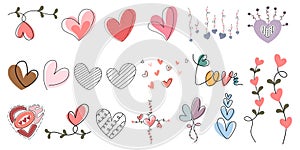 Hearts shaped elements vector set Designed in doodle style