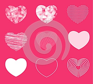 Hearts simple, shaded and broken in 9 different shapes. Vector illustration. hand drawn style