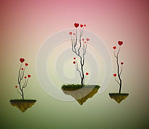 Hearts sprout trees growing on the flying rocks, love garden in the dreamland, fairy love tree garden,