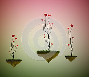 Hearts sprout trees growing on the flying rocks, love garden in the dreamland, fairy love tree garden, photo