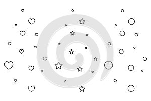 Hearts, stars and bubbles. Rising up vector elements set. Sketches of symbols of love, celestial bodies and round balls.