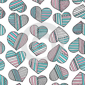 Hearts and stripes hand drawn abstract pattern. Vector colorful love seamless background.