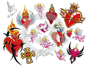 Hearts tattoo flash set. Set of labels and elements. Vector set illustration template tattoo.