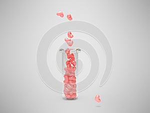 Hearts in test tube for Valentine\'s Day 3d illustration on gray background with shadow