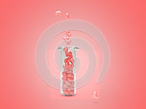 Hearts in test tube for Valentine\'s Day 3d illustration on red background with shadow