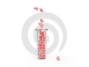 Hearts in test tube for Valentine\'s Day 3d illustration on white background with shadow