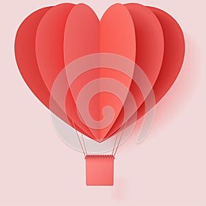 Happy valentines day typography vector illustration design with paper cut red heart shape origami made hot air balloons flying in