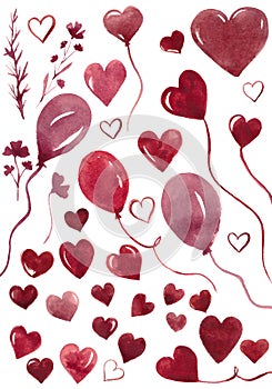 Hearts watercolor painting love air balloons elements. Valentines day set isolated