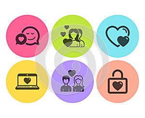 Hearts, Web love and Couple icons set. Dating, Couple love and Wedding locker signs. Vector