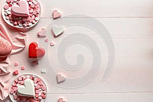 Hearts on white wooden background. Valentines day design. Mother`s day. Generative AI