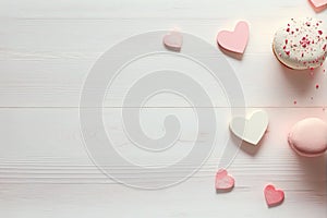 Hearts on white wooden background. Valentines day design. Mother`s day. Generative AI