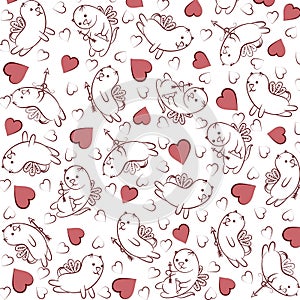 Hearts and winged cats. Valentine`s day background.