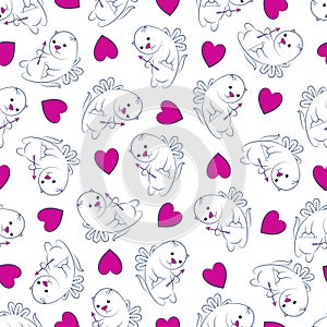 Hearts and winged cats. Valentine`s day background.