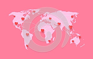 hearts world map in Valentine\'s Day. love around the world.