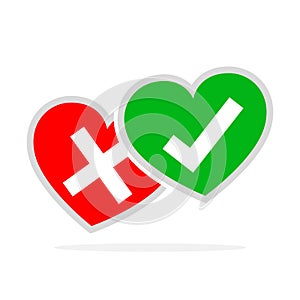 Hearts with Yes and No check marks. Vector illustration.