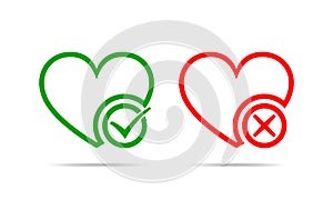 Hearts with Yes and No check marks. Vector illustration.