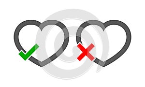 Hearts with Yes and No check marks. Vector illustration.