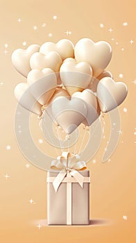 Heartshaped Balloons Gift Box Beige Birth Day Celebration Greeting Card Design. Generative AI