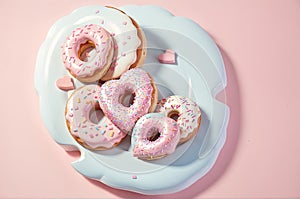 Heartshaped donuts isolated on pink pastel background. ai generative