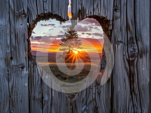 A heartshaped hole in an old wooden fence, through which you can see the beautiful sunset and tall pine tree