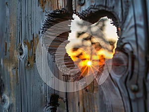 A heartshaped hole in an old wooden fence, through which you can see the beautiful sunset and tall pine tree