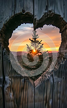 A heartshaped hole in an old wooden fence, through which you can see the beautiful sunset and tall pine tree