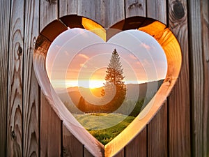 A heartshaped hole in an old wooden fence, through which you can see the beautiful sunset and tall pine tree