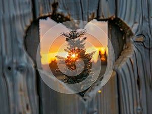 A heartshaped hole in an old wooden fence, through which you can see the beautiful sunset and tall pine tree