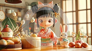 A heartwarming 3D illustration of a cute animated girl in traditional attire with a little bunny in a sunlit, cozy kitchen