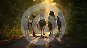 Heartwarming Back View of a Group of Children with Backpacks, Making Their Way to School Along a Countryside Road. Generative Ai