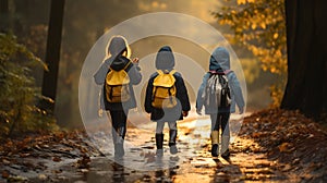 Heartwarming Back View of a Group of Children with Backpacks, Making Their Way to School Along a Countryside Road. Generative Ai