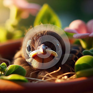 Close-up of baby chick sitting in pot plant nest