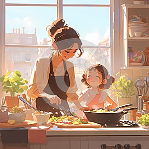 A heartwarming cooking scene with a woman and child