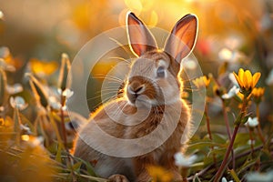 Heartwarming family Baby rabbits nestle close in a sun kissed meadow photo