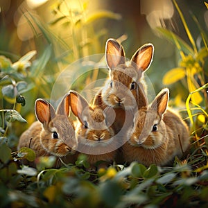 Heartwarming family Baby rabbits nestle close in a sun kissed meadow photo