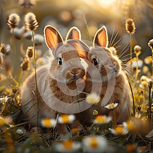 Heartwarming family Baby rabbits nestle close in a sun kissed meadow photo