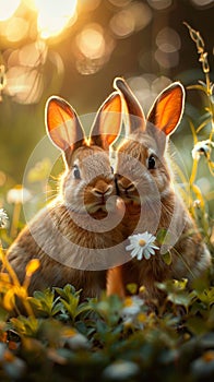 Heartwarming family Baby rabbits nestle close in a sun kissed meadow photo